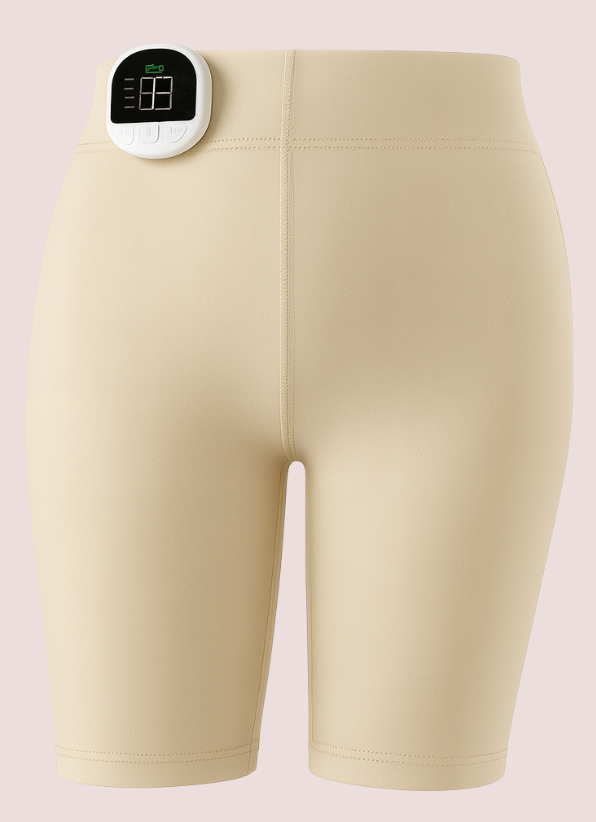 Front view of beige Lumo EMS toning pants with slimming fit against light rose gold background
